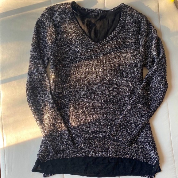 Apt 9 Black Gray Sparkle Sequins Layered Sweater - Picture 1 of 7